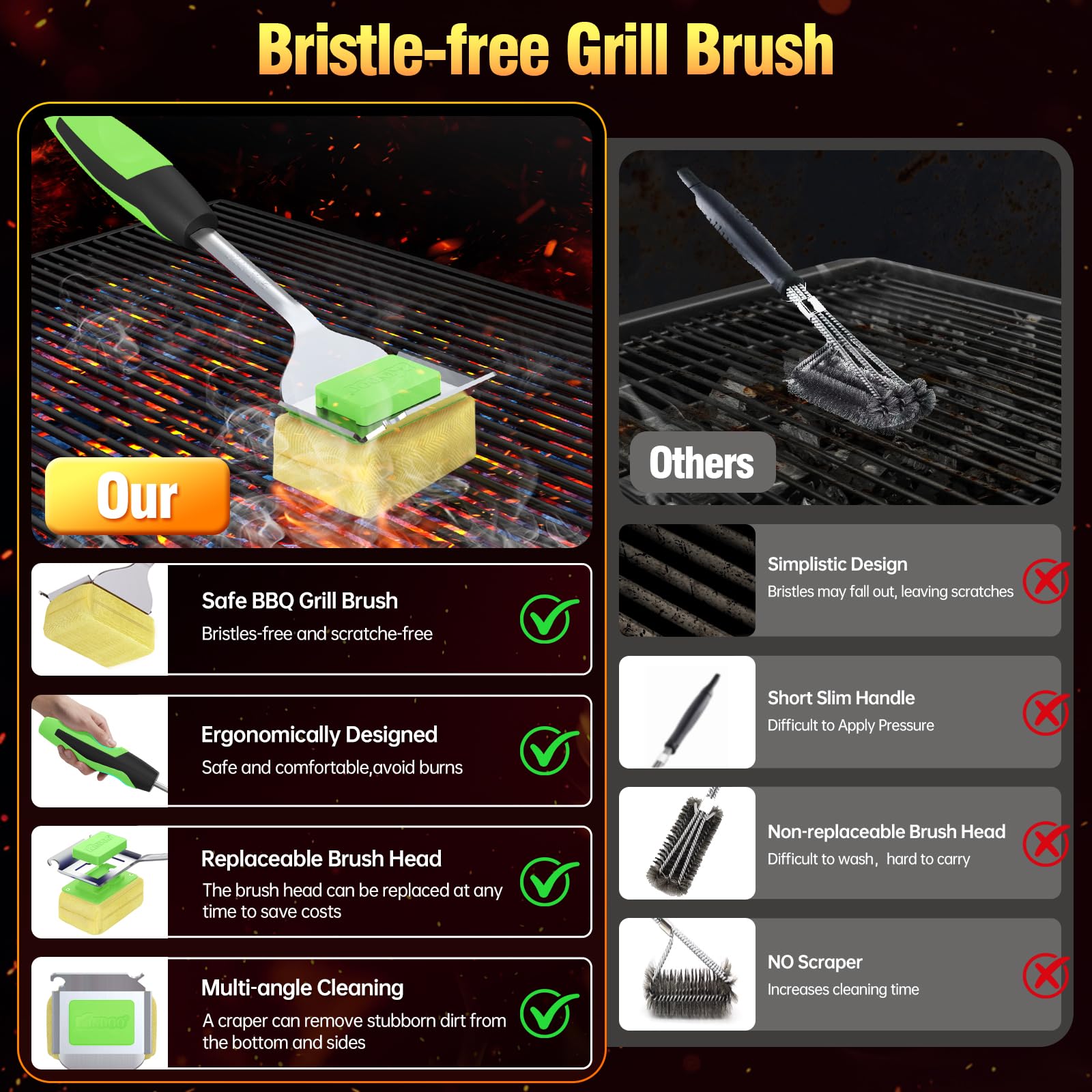 Grillbürste ohne Borsten für Outdoor-Grill, Dampfgrill-Reinigungsbürste, austauschbarer Grillreiniger, langer Griff, sichere Grillbürste mit Schaber für Gusseisen, Edelstahlroste, Grün