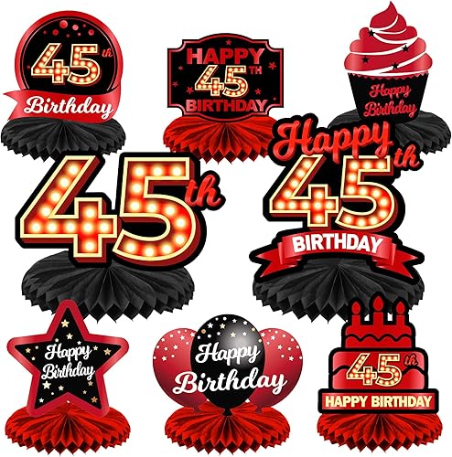 Globos de mesa de feliz cumpleaños número 45 rojo y negro con forma de panal de abeja, decoración de mesa para niñas, mujeres, princesas, 45 años,