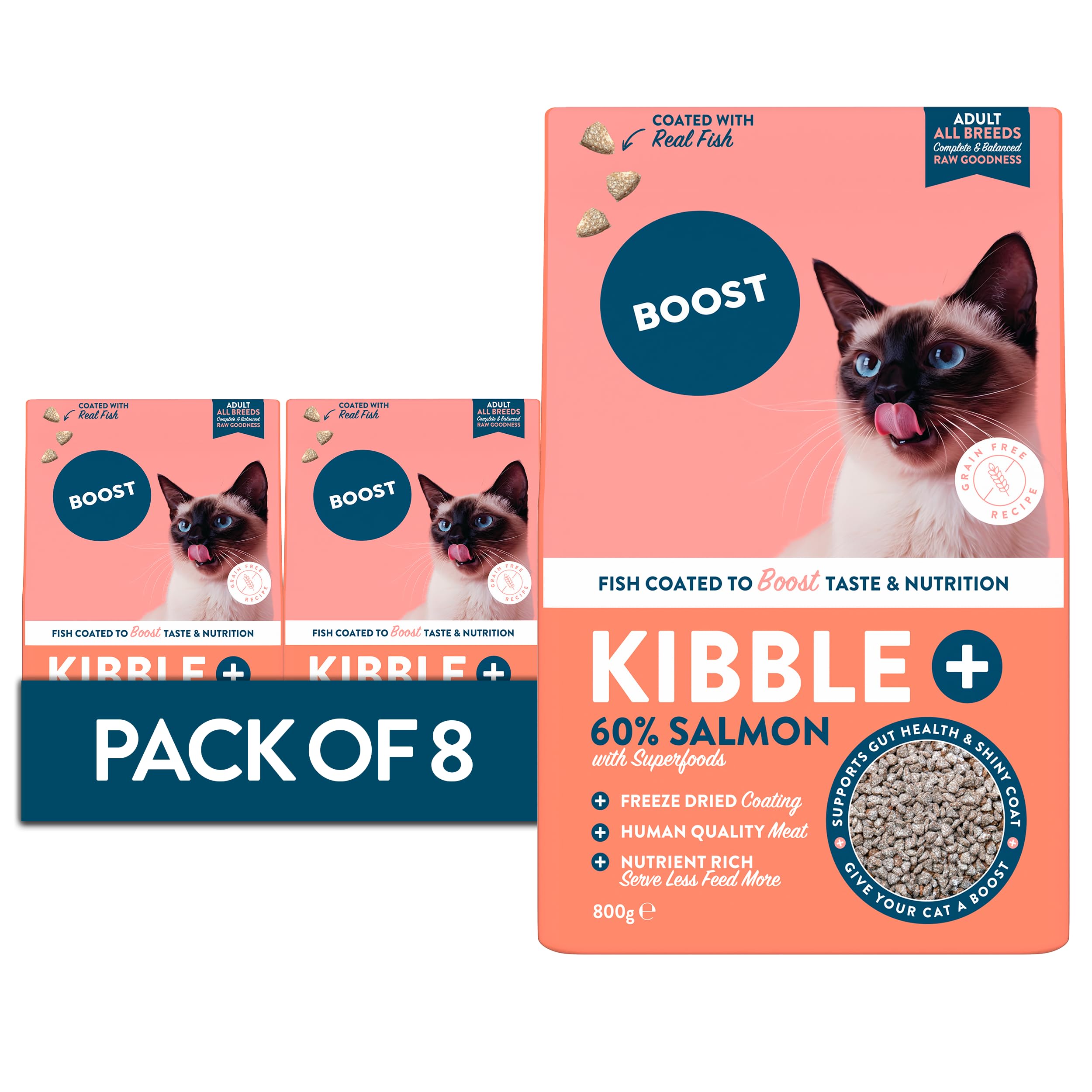 BOOST Pet Fish Kibble Coated Cat Food - Freeze-Dried Raw Dry Food Kibble for Cats, Grain Free, Made with Real Raw Fish, Complete Nutritional Meal for Pets, Nothing Artificial - 8 x 800g