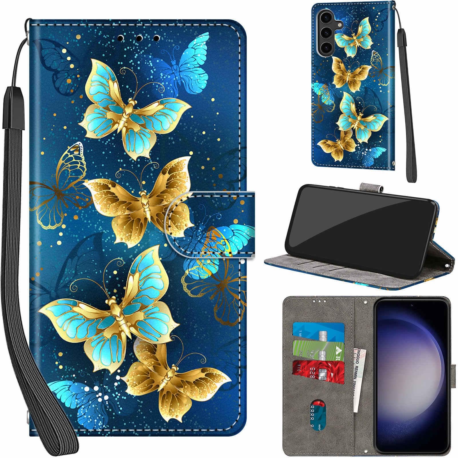 Handyhülle für Samsung Galaxy S24 Plus Hülle PU Leder Schutzhülle Klappbar mit Kartenfach Ständer Handytasche mit Kameraschutz Flip Case Klapphülle für Samsung S24 Plus, Vier Schmetterlinge