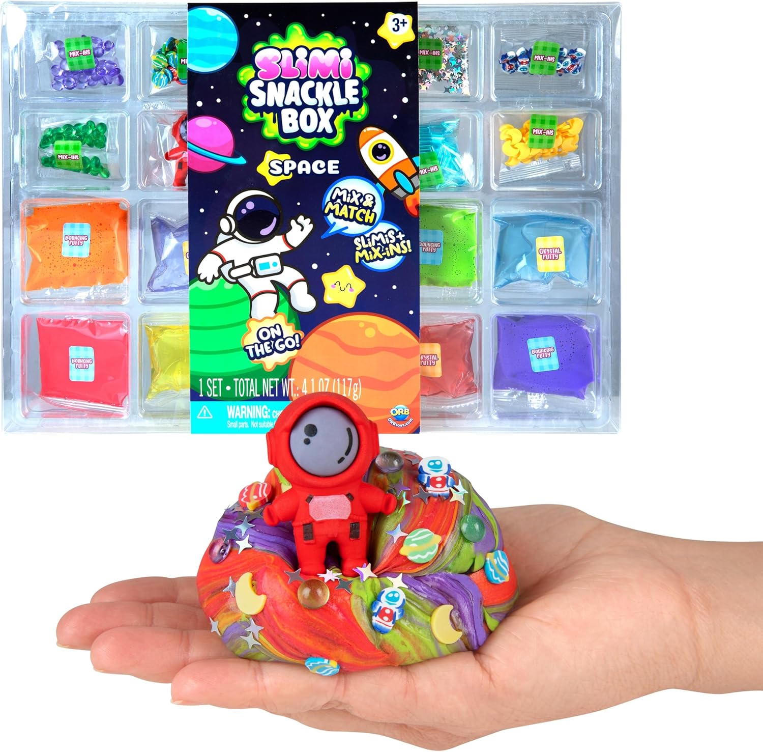 ORB Slimi Snacklebox Space Themed Slime Kit for Kids - 4 Bouncing Putty Colors, 4 Crystal Putty Colors and 8 Different Space Themed Mix-Ins - Fun Space Slime Kit for Crafts, Parties, and Play