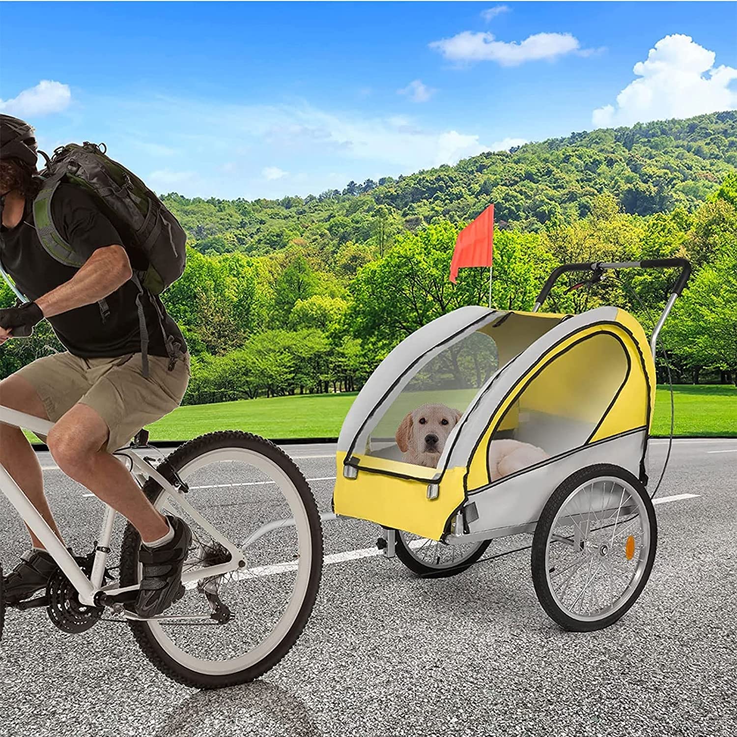 Rimorchio da carico per bici, Rimorchio per animali domestici, Rimorchio per bicicletta e passeggino per cani da compagnia 2 in 1, con finestra in rete, Carico telaio resistente 40 kg, Piegatura com