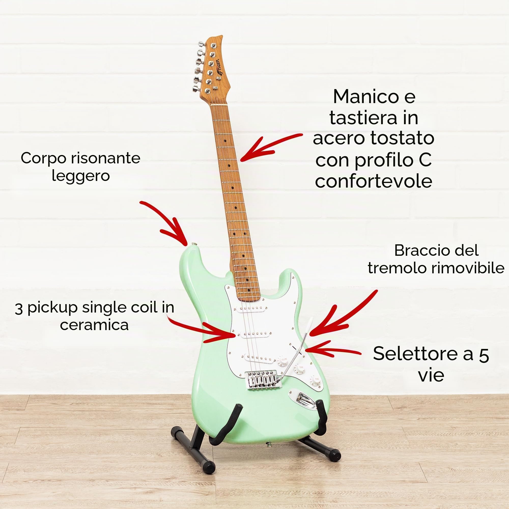 Tiger ELG-MG chitarra elettrica full size verde menta | Manico in acero stagionato e pickup SSS versatili, adatta a tutti gli stili musicali e livelli di esperienza.