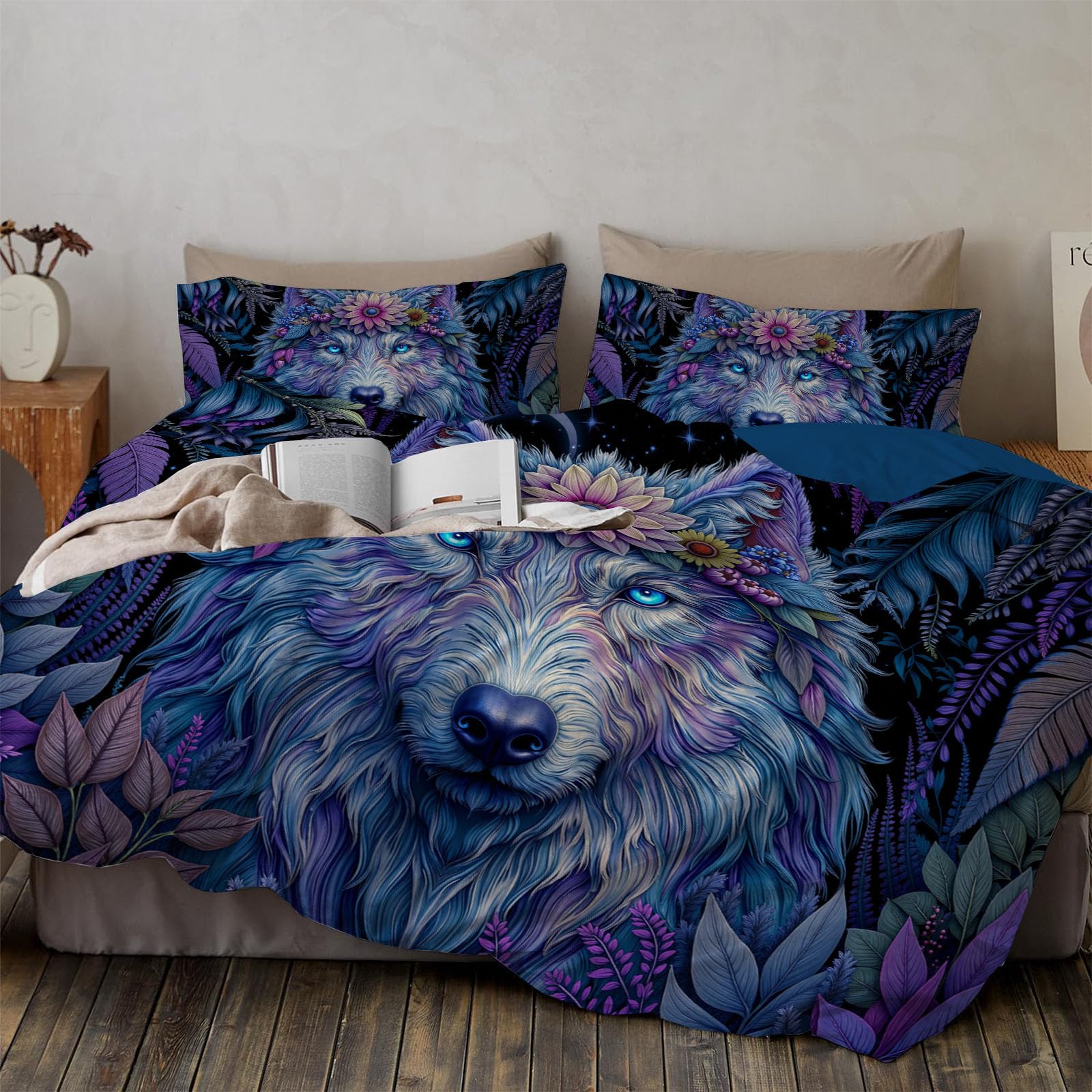 Housse de couette 140x200cm pour lit une place avec ses deux taies d'oreiller au motif de loups