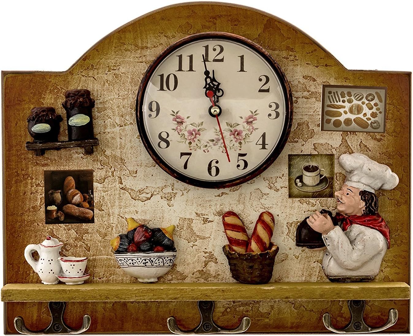 Fat Italian Chef Kitchen Decor Clock with Hooks - Unique Idea for a Wedding or Housewarming Present
