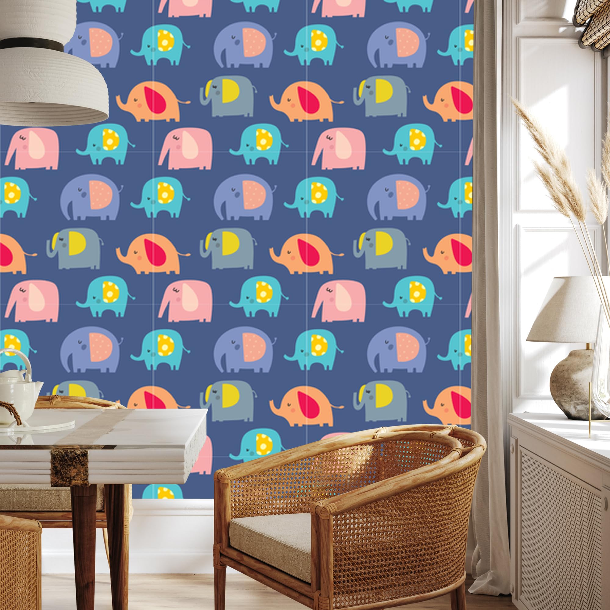 Vliestapete Bunte Elefanten und Tiere 50 x 1000 cm