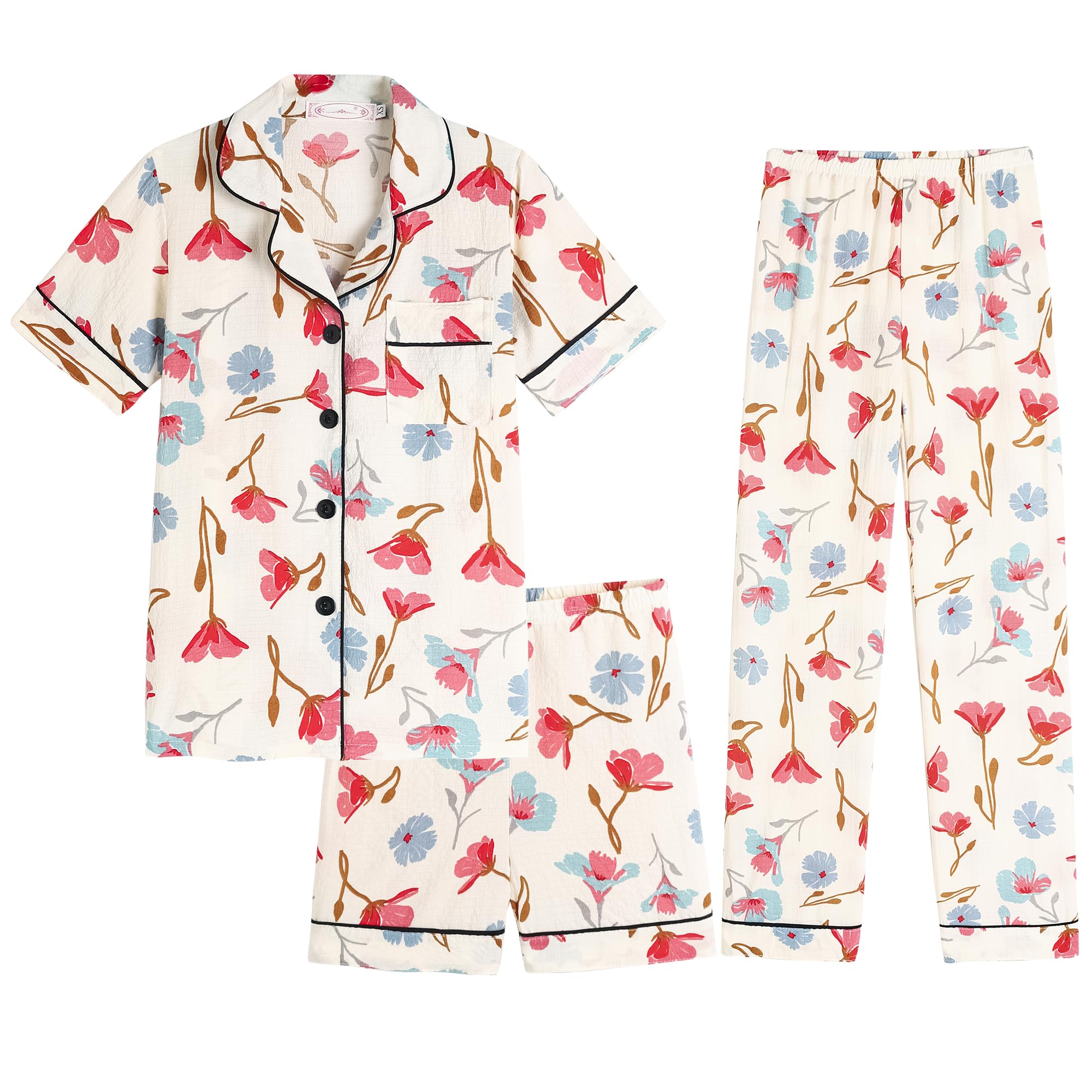 Hupohoi Big Girls Button Down Pajama Set 3pcs Crepe Fabric Sleepwear Nighty