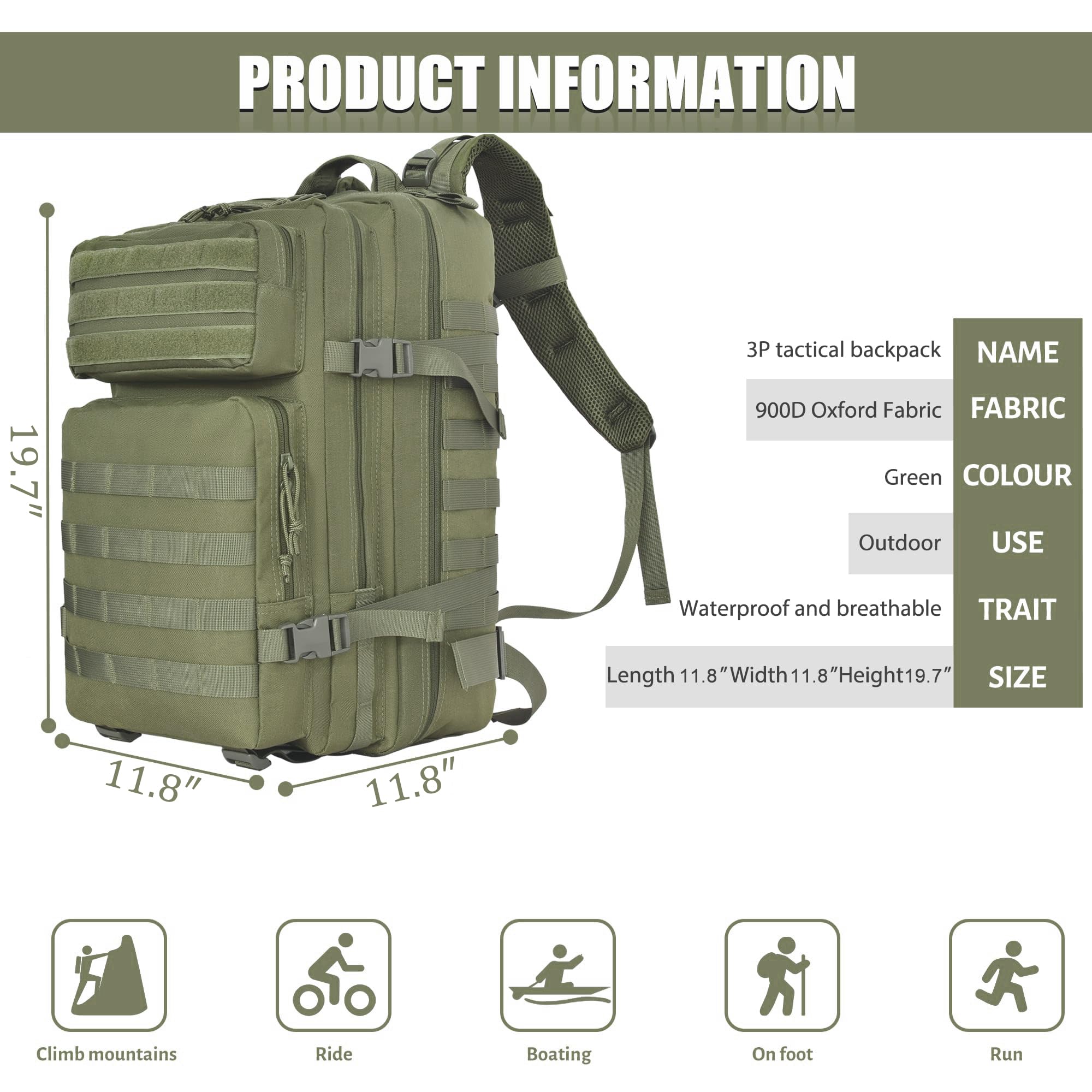 Mochila táctica militar, paquete grande de 3 días de asalto 45L, equipo para transportar carga, ligero y modular (personalizable), Verde, L 5