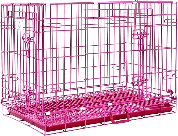HOMEY PET 30 Inch Pink Dog Crate, Cute Dog Cage Medium Sized Collapsible Small Dog Kennel Indoor Nano-Coated Metal Wire Dog Crate with Removable Floor Grid Tray, Double Doors Dual Locks, Handle