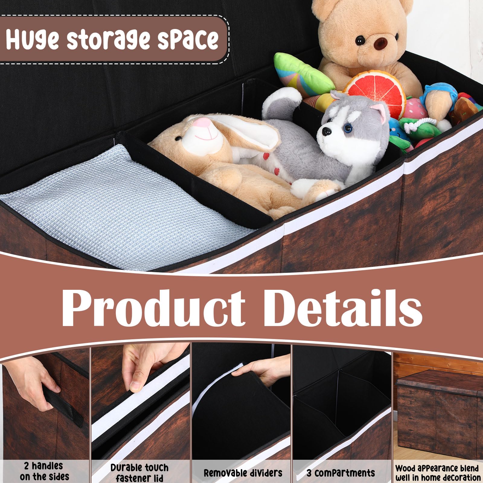Große Spielzeugkiste aus Holz, zusammenklappbar, mit Deckel und Griffen, Spielzeugbox, 90 x 40 x 49 cm, Vlies-Spielzeug-Aufbewahrung, Organizer, einfache Montage, Aufbewahrung