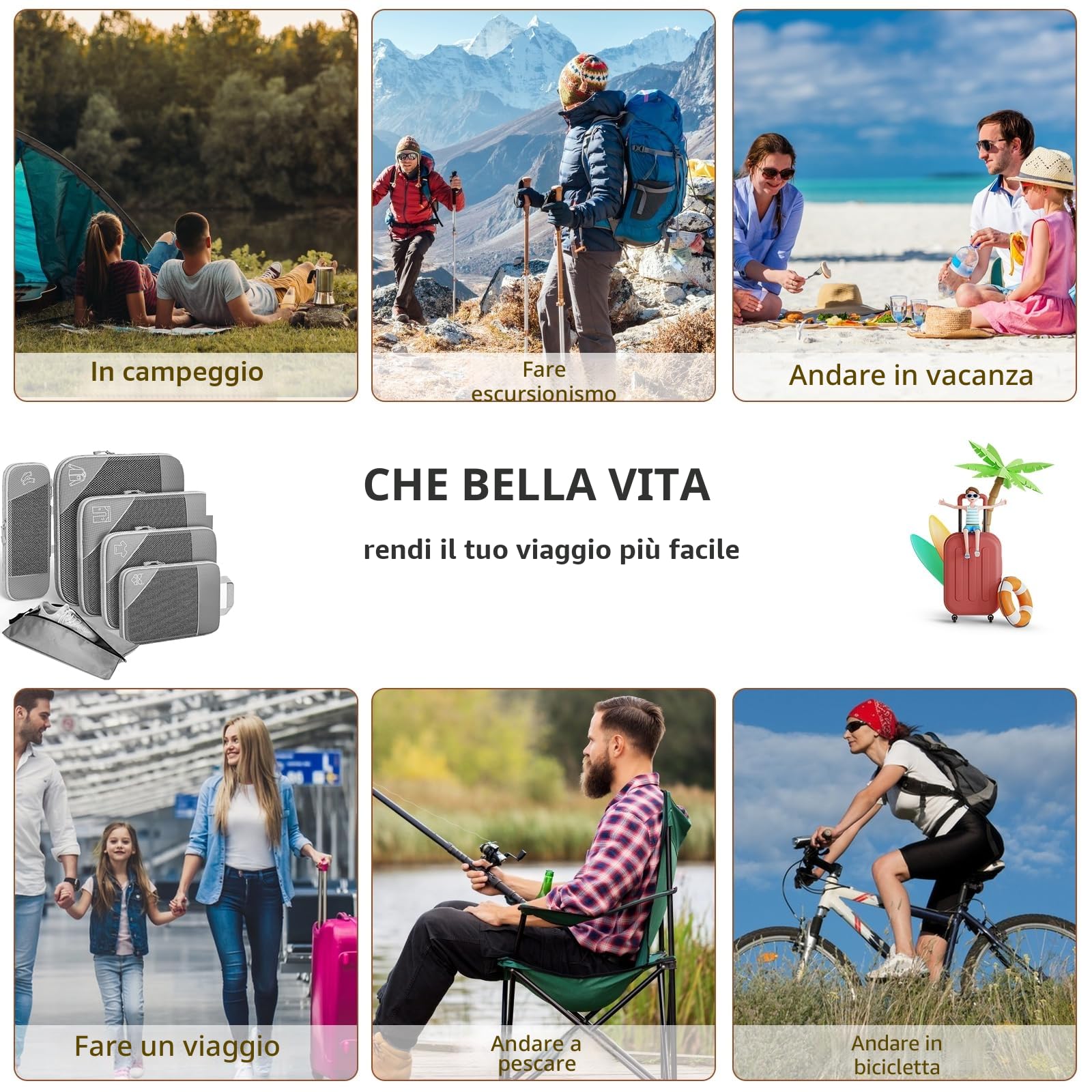 Organizer Valigia Salvaspazio, Set di 6 Compression Packing Cubes Organizer Viaggio, Ultraleggero Estensibile Compressione Organizzatori Valigia Viaggio Divisori Valigia per Viaggiare