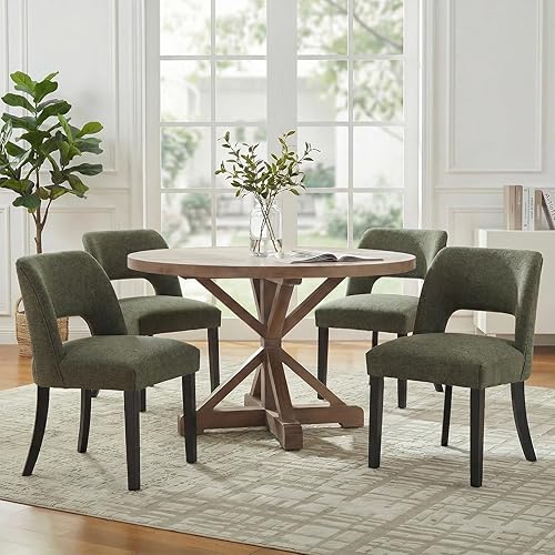 Vista 3 de keoni Juego de 4 sillas de comedor de madera, sillas de comedor tapizadas de tela moderna de mediados de siglo, sillas de cocina de granja con Verde