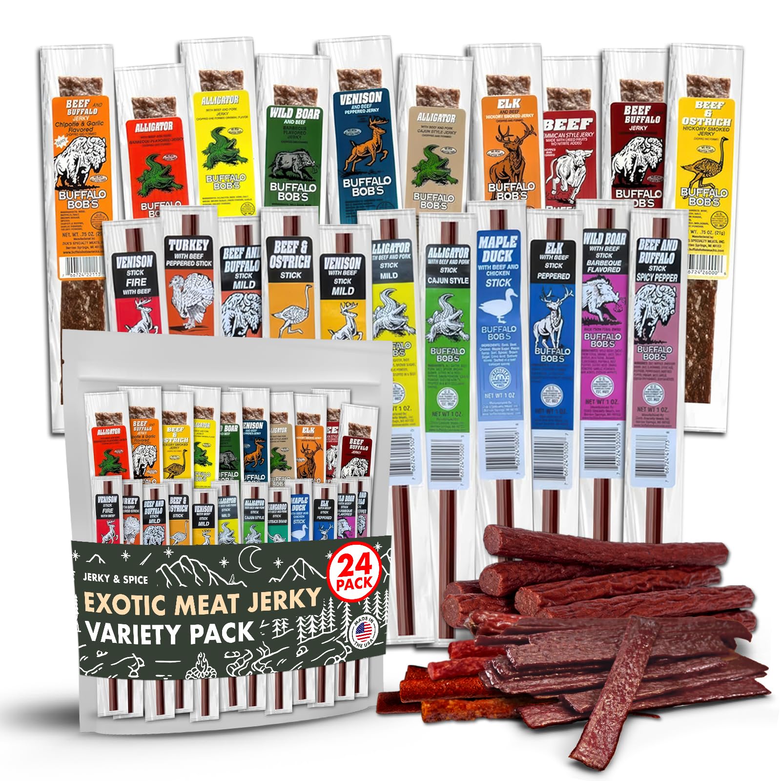 Buffalo Bob's Wild Game Meat Snacks (24 pack) | Beef Jerky Assortment Pack of Flavorful Strips & Sticks | Snacks Variety Pack for Adults | Exotic Jerky | Ideal Gifts for Anniversary, Camping, Hunting
