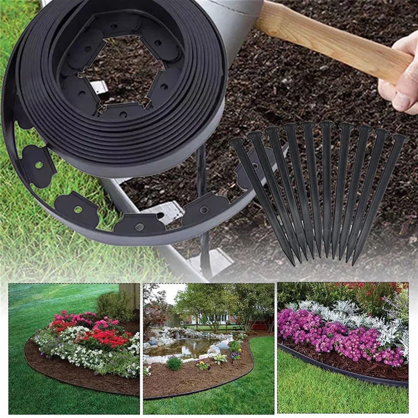 Rasenkante Flexibler Landschaftseinfassungssatz for den Garten, Rasengras, Zaungürtel, Kunststoffeinfassung, Rand, Gartenterrasse, Begrünungsgürtel mit Pfählen(Black)