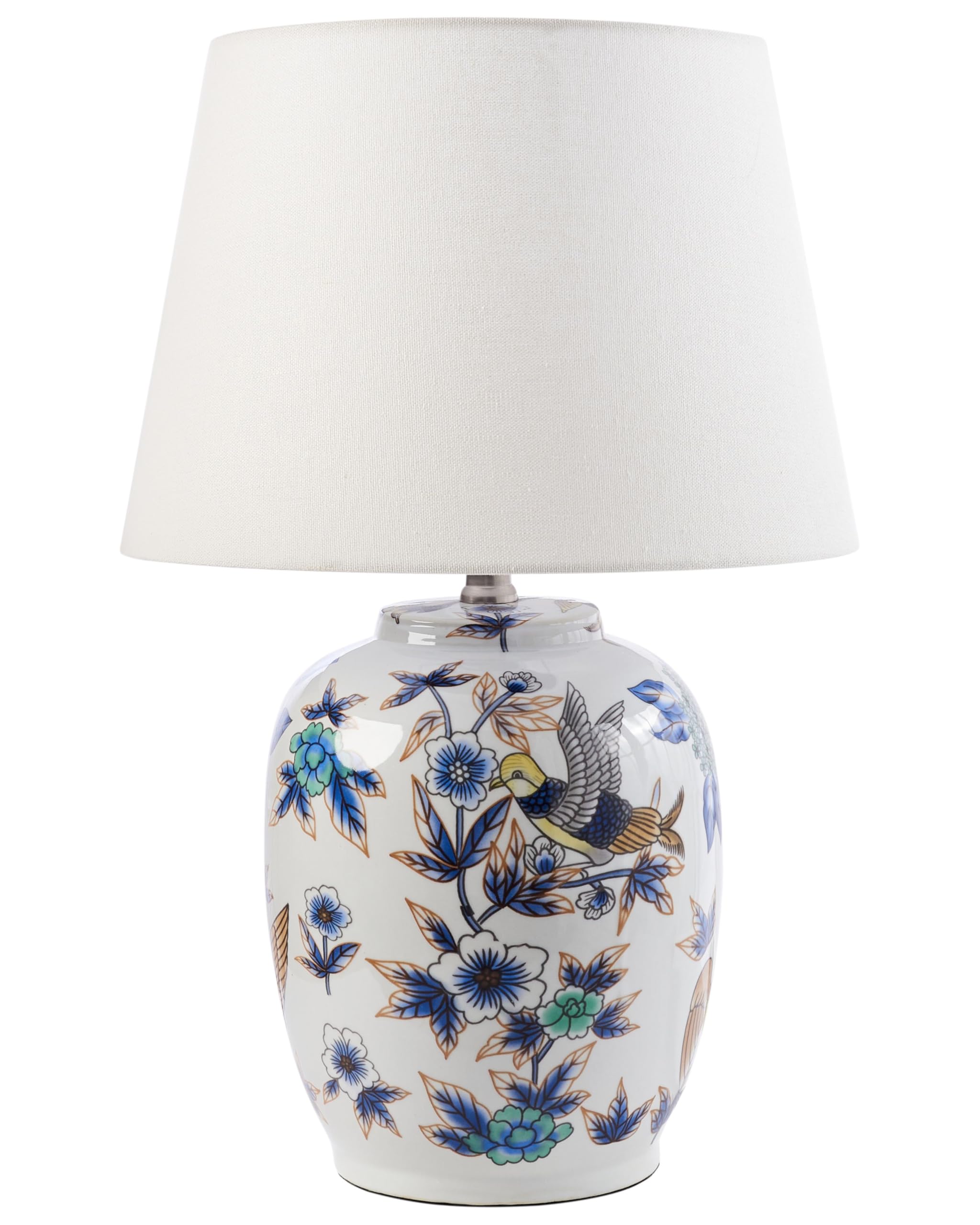 Stylish Table Lamp with a Floral Patten Porcelain Base Linen Drum Shade Lighting White Sunja