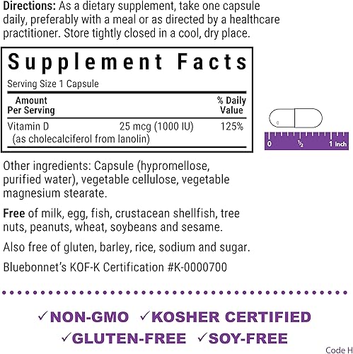 Miniatura 2 de BlueBonnet Nutrition Vitamina D3 1000 UI ayuda en el crecimiento muscular y esquelético colecalciferol de lanolina sin OMG sin gluten sin soja sin