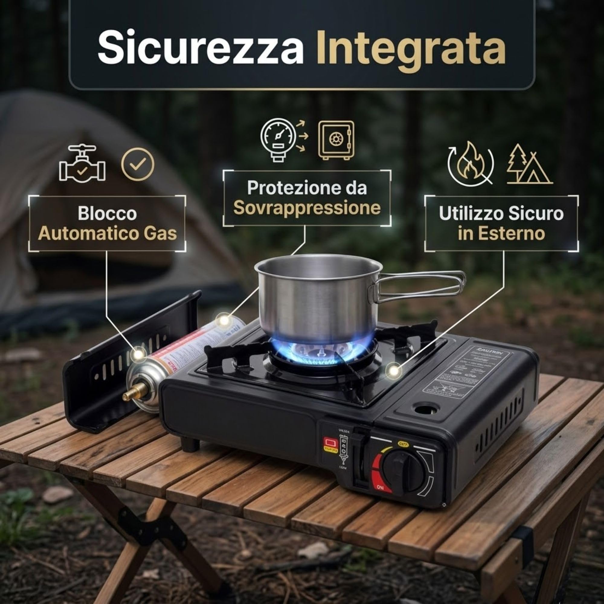 Fornello a Gas da Campeggio Portatile, Compatibile con Cartuccia Butano e Bombola GPL, Accensione Piezoelettrica, 2200W, Valigetta Inclusa, per Camper, Trekking, Picnic e Pesca