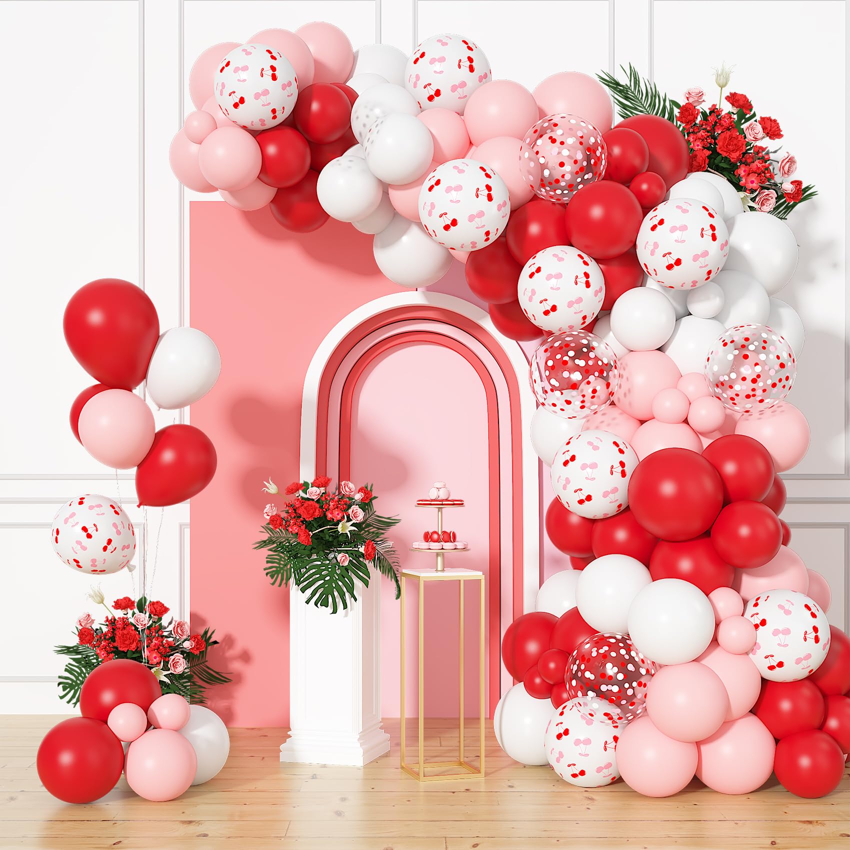 Kirschballons Set, Rot Rosa und Weiß Ballon mit 30,5 cm Kirsche Gedruckt Konfetti Ballons für Frauen Mädchen Geburtstag Party Dekoration Supplies