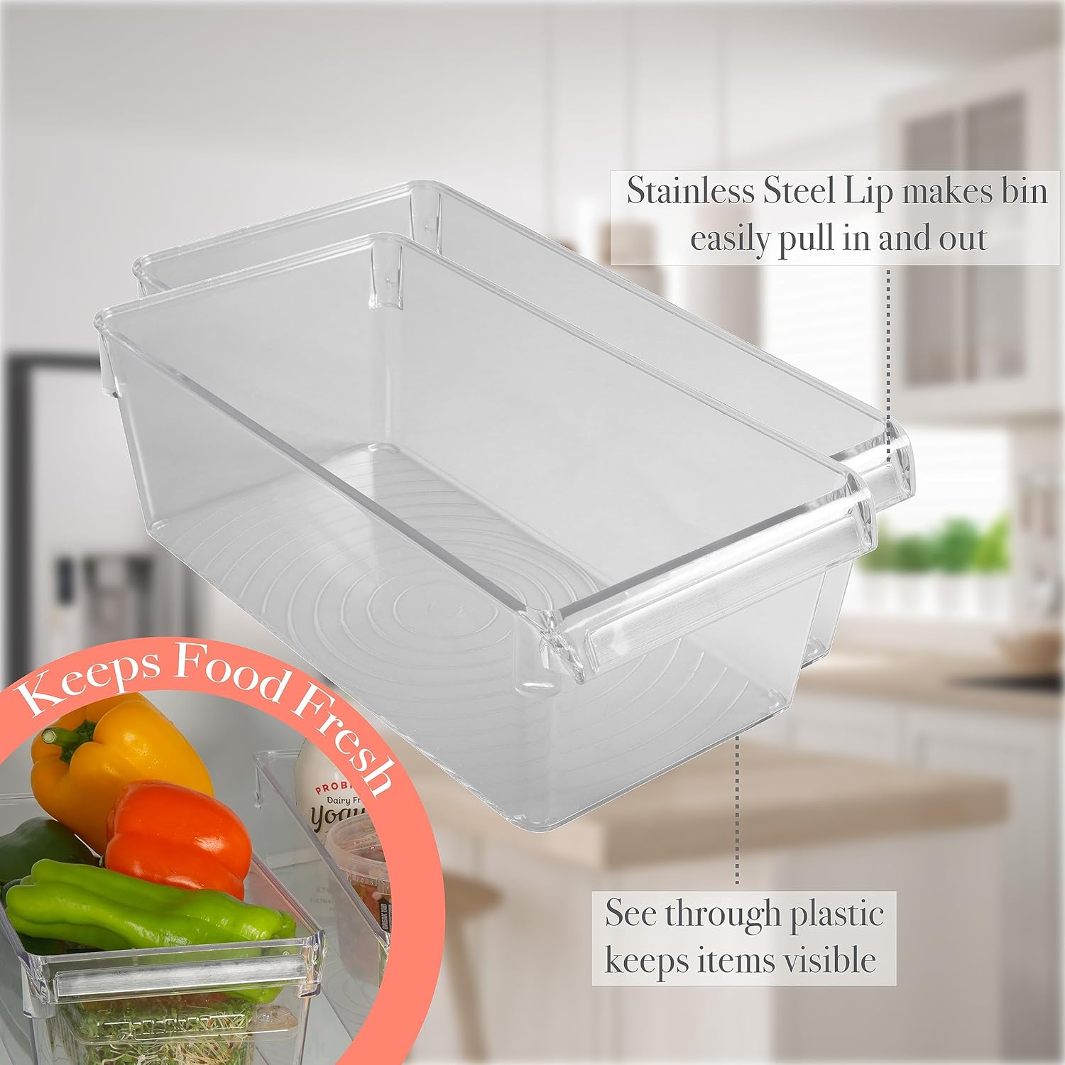Kitchen Details 12 Pack Large Refrigerator Storage Bin | Fridge & Freezer | Kitchen Organization | Stainless Steel Handle | Countertop | Cabinets | Pantry | Clear