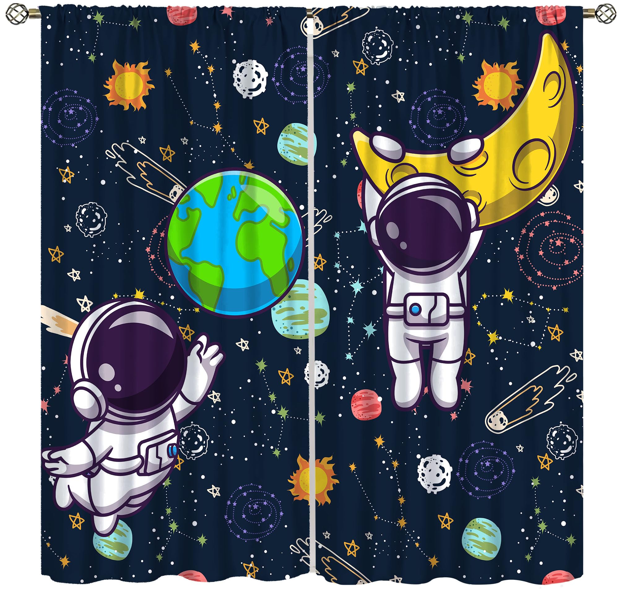 Astronaut Curtains for Boys Bedroom,Space Cartoon Funny Spaceman with Earth Moon Rod Pocket Window Treatment Insulated Drapes Decor Curtain for Bedroom Living Room Nursery 21x45in,2 Panel Set
