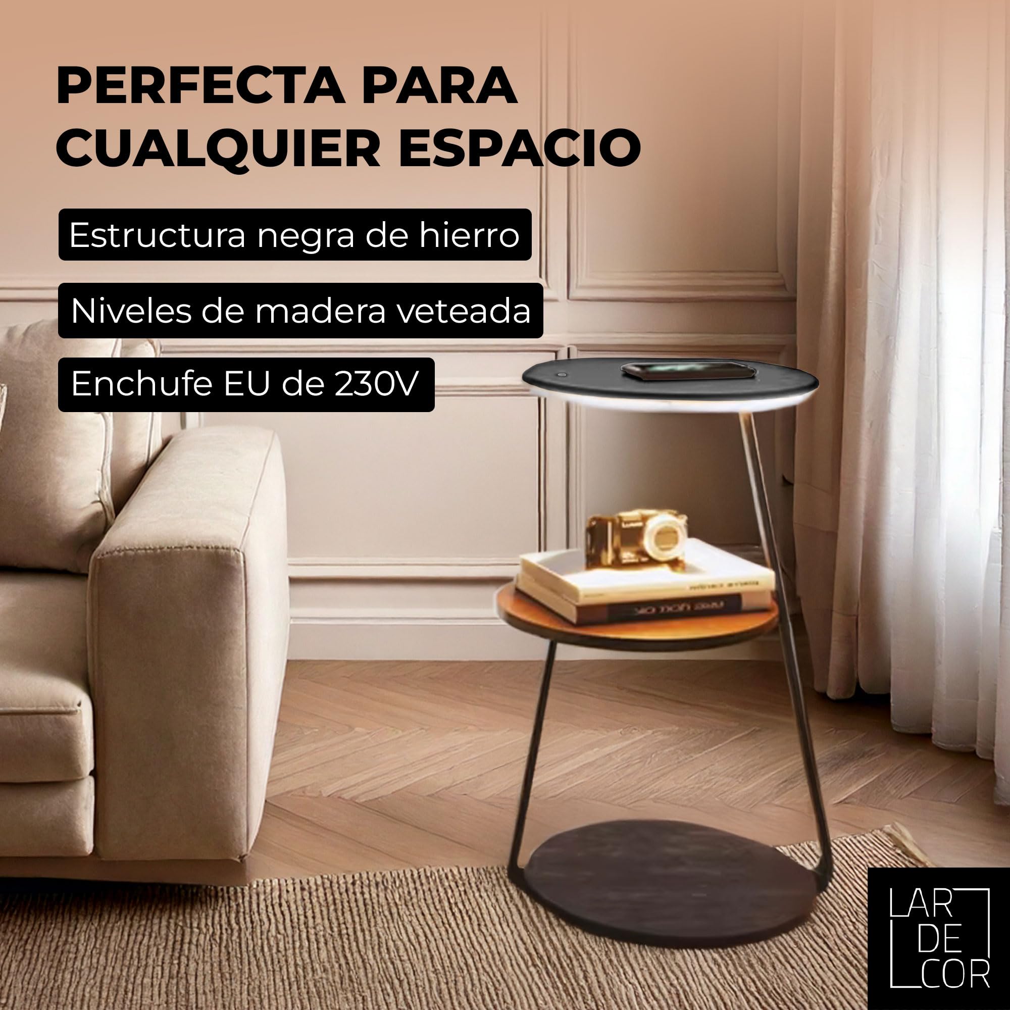 Mesita de Noche con Estación de Carga y Luz LED Variable, Mesa Auxiliar Alta de Madera con Cargador Inalámbrico y 2 Estantes, Ideal para Dormitorio o Salón, 35x61 cm (Zenith)