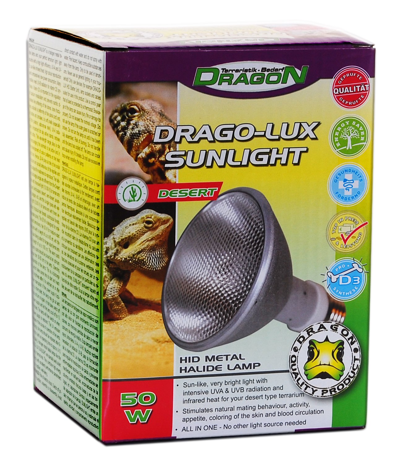 DRAGO-LUX Sunlight DESERT 50w - Metalldampflampe für E27 Fassung mit UVA und UVB Strahlung