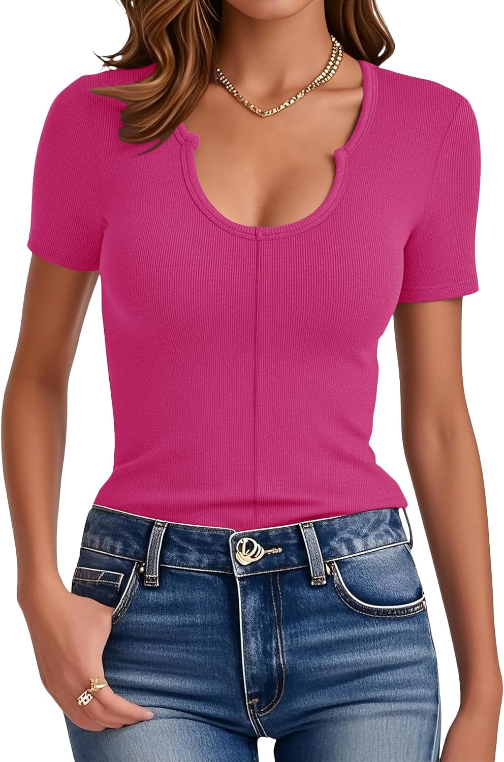 Prettywear Womens Short Sleeve T-Shirts Scoop Neck Ribbed Slim Fitted Top Summer Casual Basic Tee