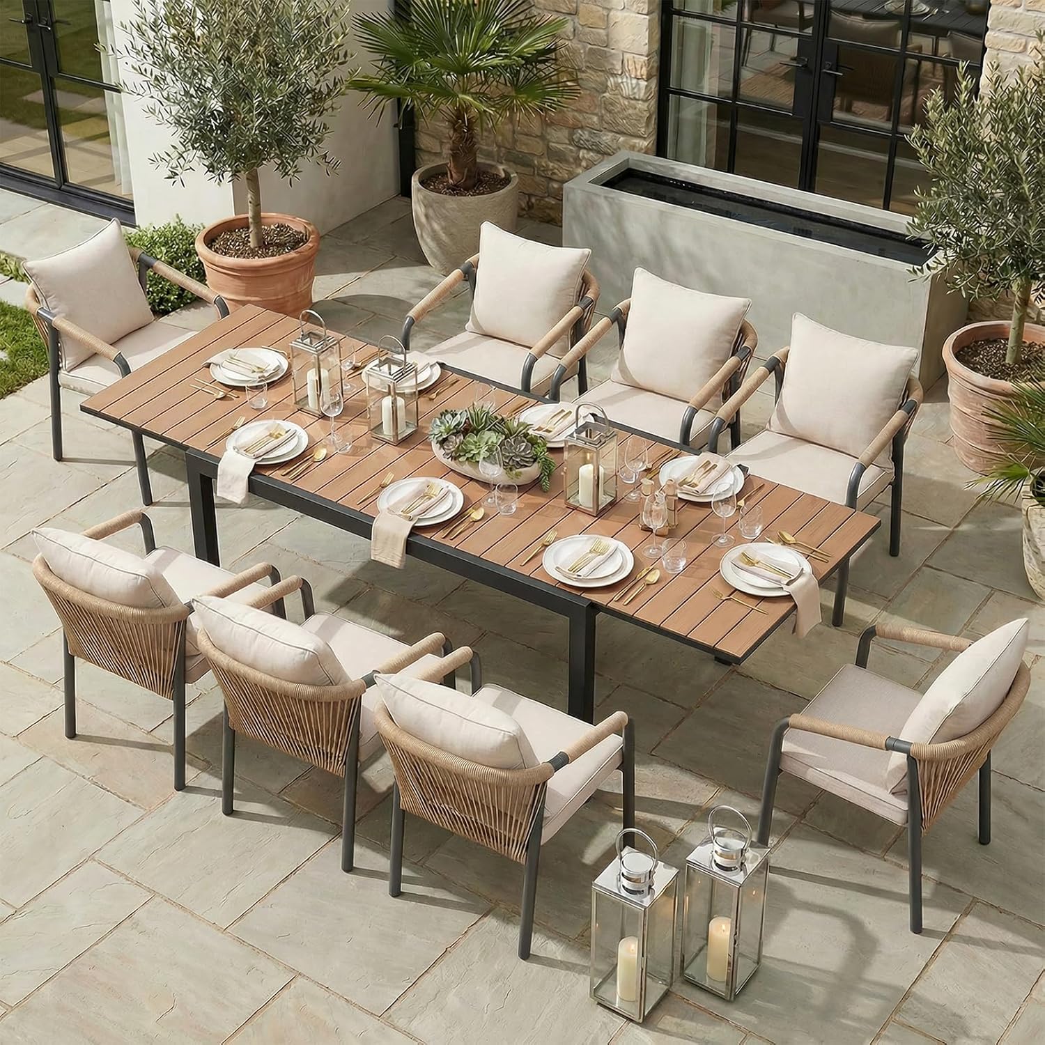 SUNSITT 9 Piece Outdoor Patio Dining Set, 63" - 105" Aluminum Expandable Outdoor Dining Table w/Thermal Transfer Wood Grain Tabletop, 8 Woven Wicker Patio Chairs w/Curved Backrest for Garden