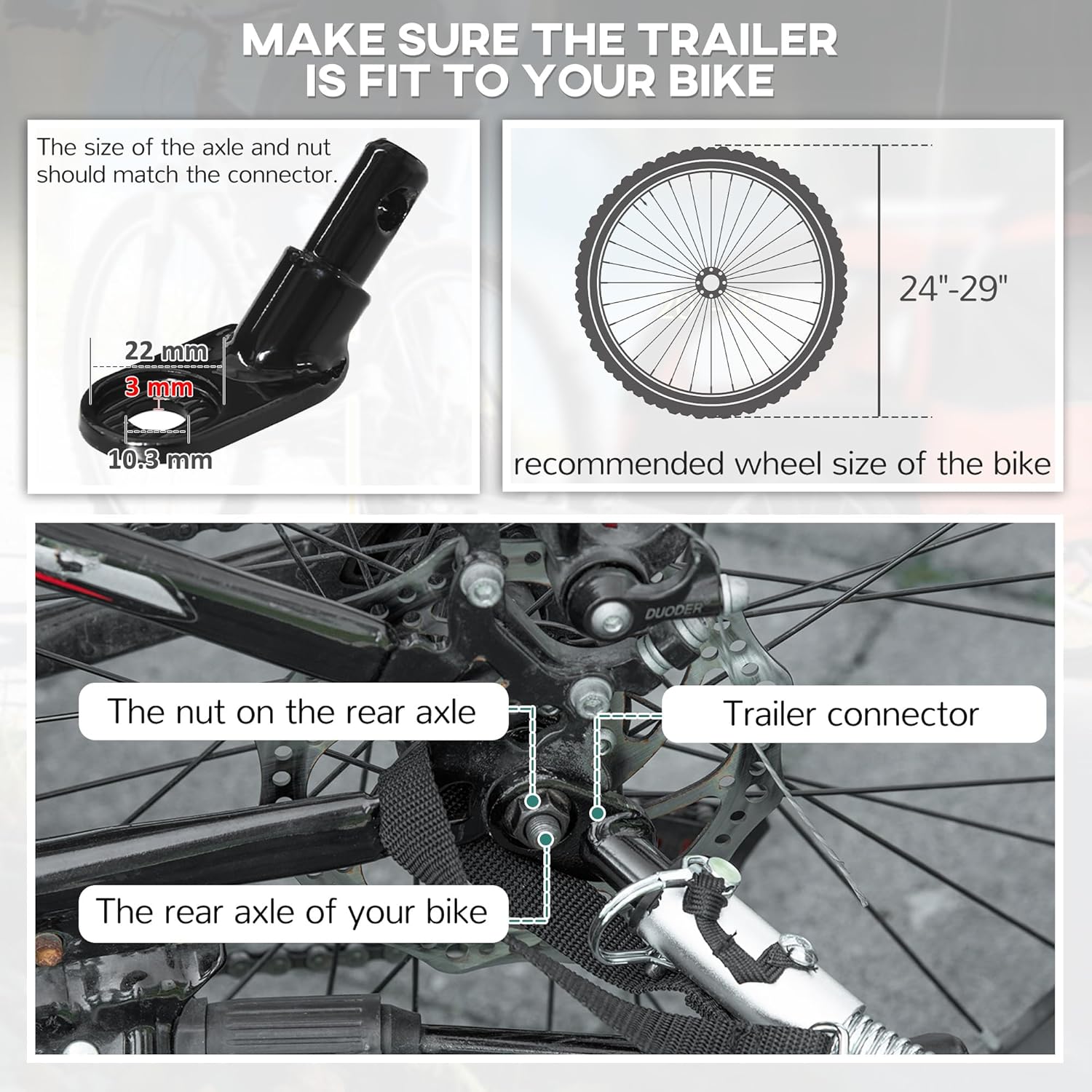 Image detailing how to connect the trailer hitch to a bicycle's rear axle, showing the connector dimensions and recommended bike wheel size.