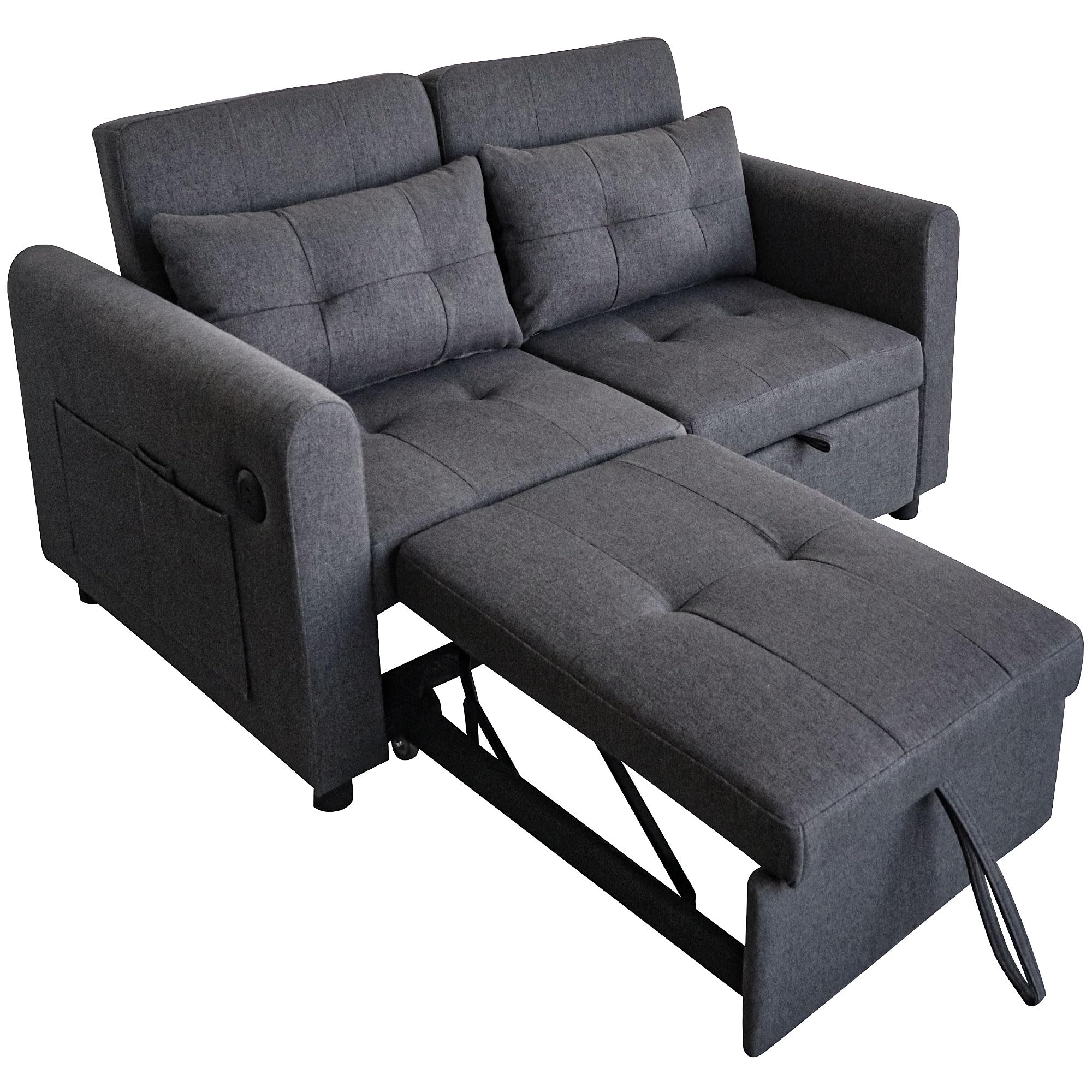 Azkoeesy Divano letto allungabile a 2 posti con funzione letto, larghezza 140 cm, con stazione di ricarica USB, schienale regolabile, 2 cuscini, tasca laterale, adatto per soggiorno, camera da letto