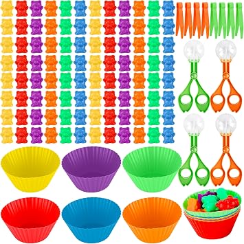 120 Pcs Counting Sorting Bears Sensory Bin Tools Fine Motor Skills Includes 96 Cute Rainbow Sorting Bears 8 Tweezers 4 Scissors Clips and 12 Colorful Cups for Kid Early Skill Education
