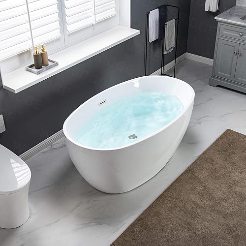 Miniatura 12 de WOODBRIDGE Bañera de acrílico independiente de 55 pulgadas, bañera blanca de remojo contemporáneo con desbordamiento y drenaje cromados, B1418