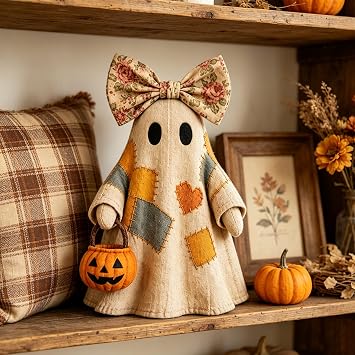 Lighted Vintage Patchwork Ghost, Halloween Decor for Mantel Shelf and Tiered Tray Arrangement, Rustic Farmhouse Style Ghost Figurine Measuring 10 x 8 x 7.5 cm