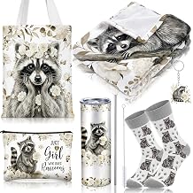 6 Pcs Raccoons Gifts for Women Include 20 oz Stainless Steel Tumbler with Lid and Straw Cosmetic Bag Throw Blanket Keychain Socks Handbag for Women GirlsNeutral Beige & Cream
