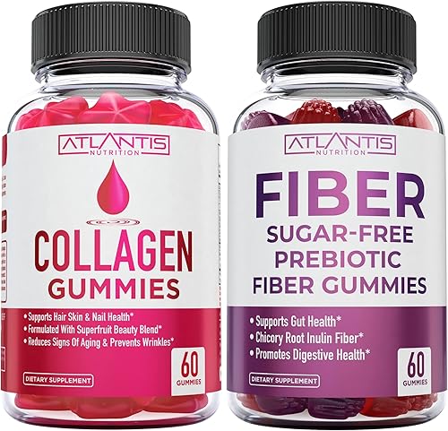 Atlantis Nutrition Gomitas de colágeno 60 + gomitas de fibra prebiótica sin azúcar para adultos, paquete de 2 (120 gomitas)