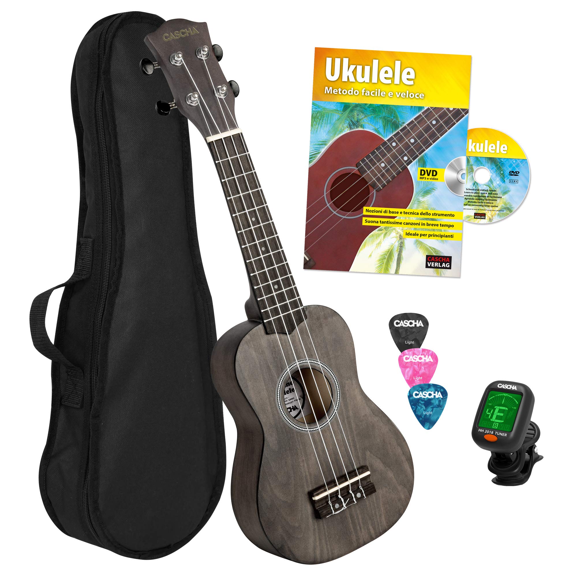 Cascha Negro Soprano Ukelele Con Manual, Afinador, Bolsa Acolchada, 3 Púas Y Cuerdas Aquila