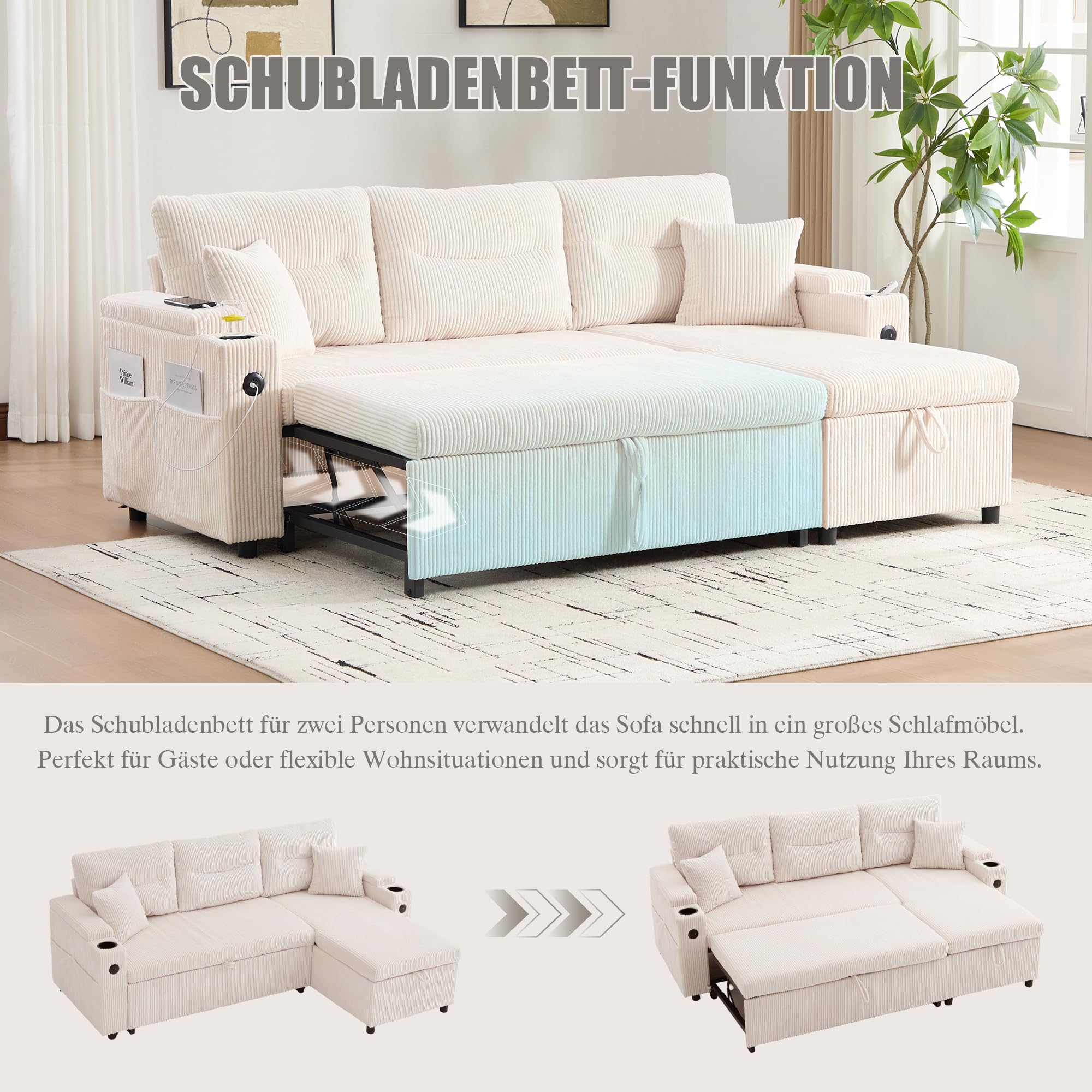 Sofá de 3 plazas con función de cama, chaise longue, espacio de almacenamiento, USB-C, sofá de pana, hidráulico, cama con cajón, soporte para bebidas