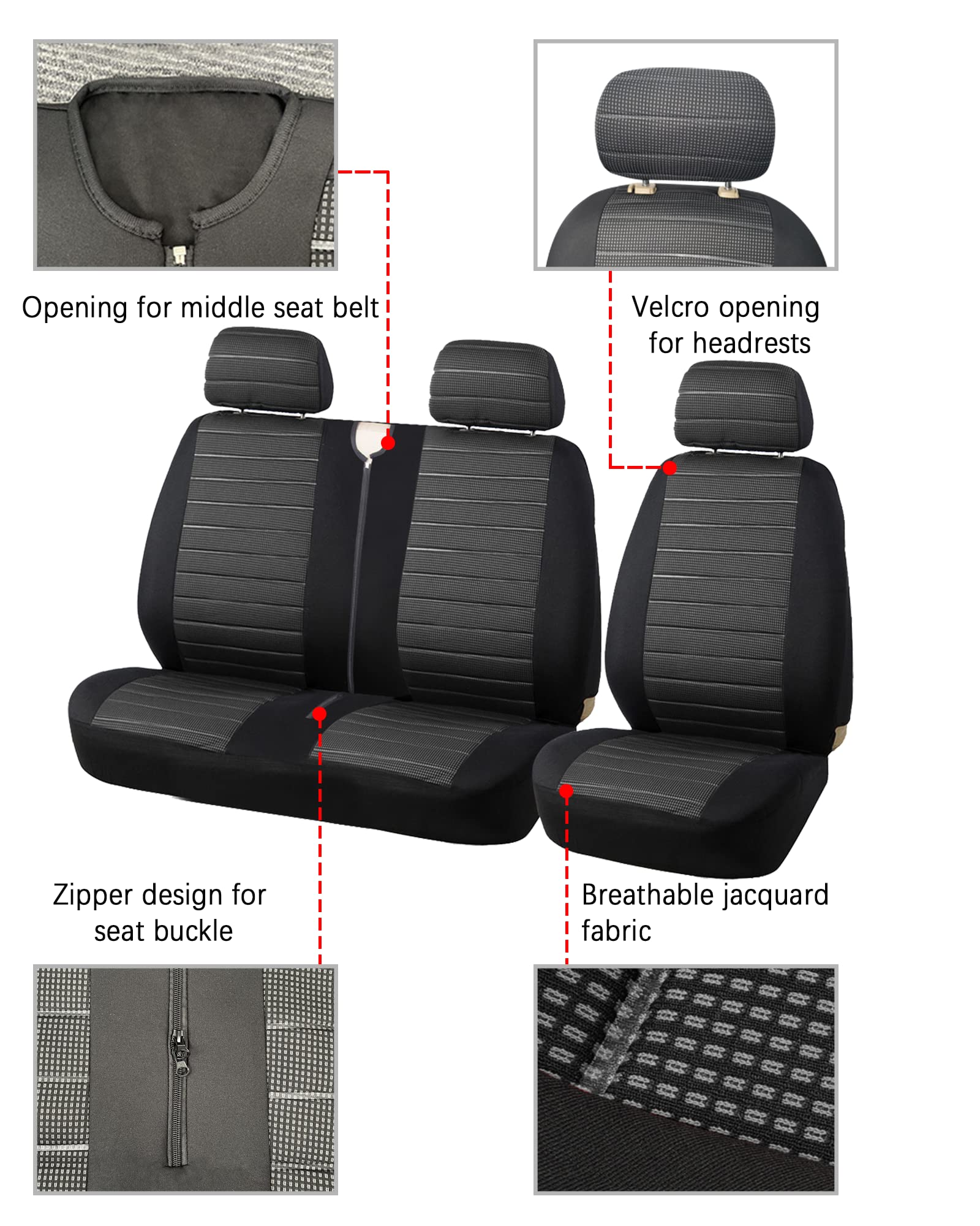 Coprisedili Universali Per Furgone 3 Posti Anteriori - Zip Centrale - Adatti A Cinture Alte/Basse (Nero-Grigio) - Foto 2