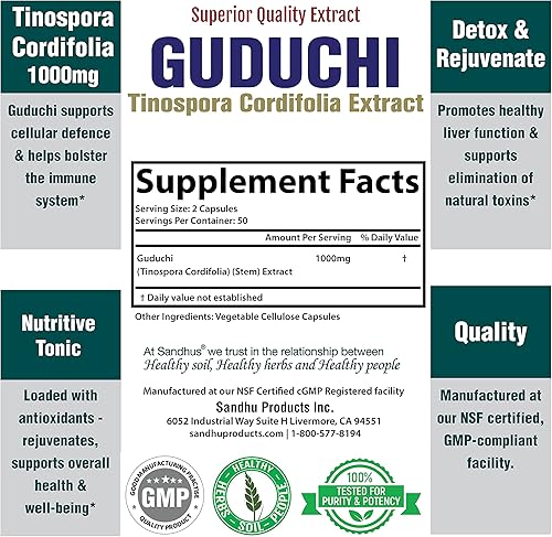 Miniatura 3 de Sandhu's Guduchi (Tinospora Cordifolia) Giloy 100 cápsulas vegetarianas de apoyo inmunológico 1000mg por porción