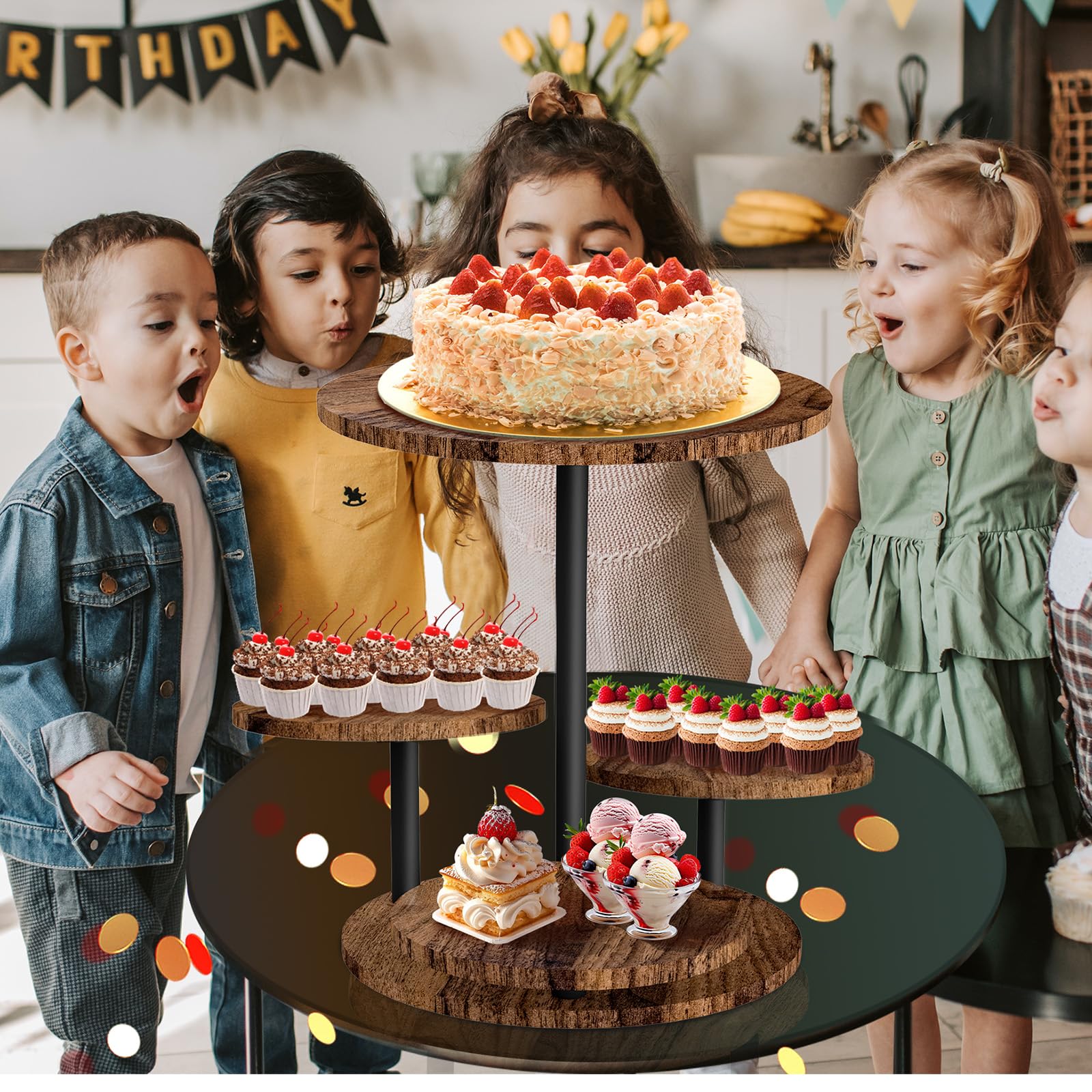 GHWMYD Cupcake Tiered Tray Stand, 360°Rotatable 4 Tier Cake Tower Stand for Dessert Donut Displaying and Holding, Rustic Wooden Serving Platter as Decor at Wedding, Birthday, Baby Shower, Tea Party