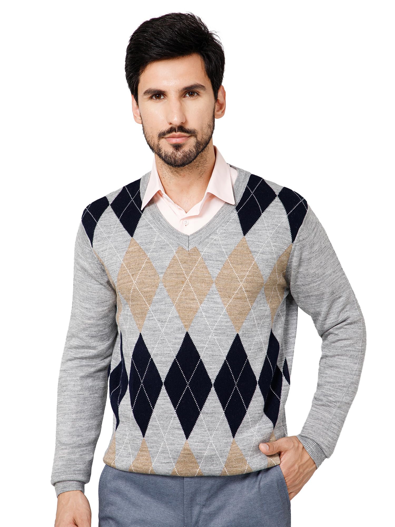 cantabil Printed Grey V Neck Full Sleeves Regular Fit Mens Casual Sweater | Casual Winter Sweater for Men | Mens Sweater for Winter Wear (P_MSWT00091_GREYMELANGE)-picture-11