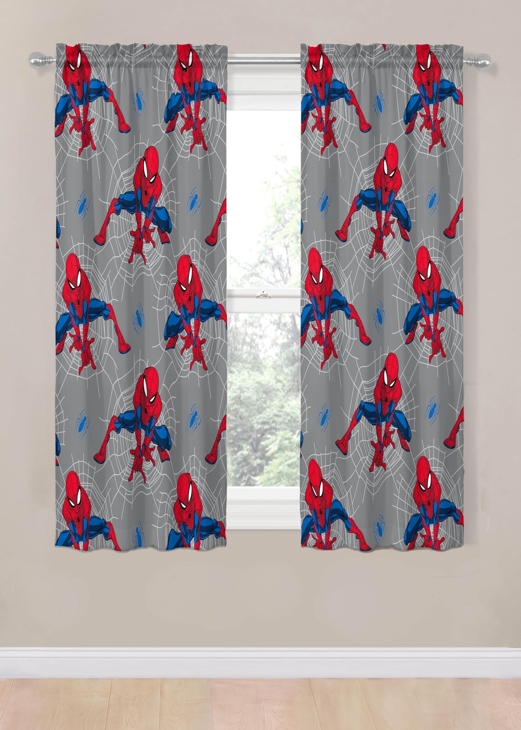 Jay Franco Lot de 2 rideaux de fenêtre pour chambre d'enfant avec 2 embrasses, gris – Spiderman, 106,7 cm de large x 160 cm de long