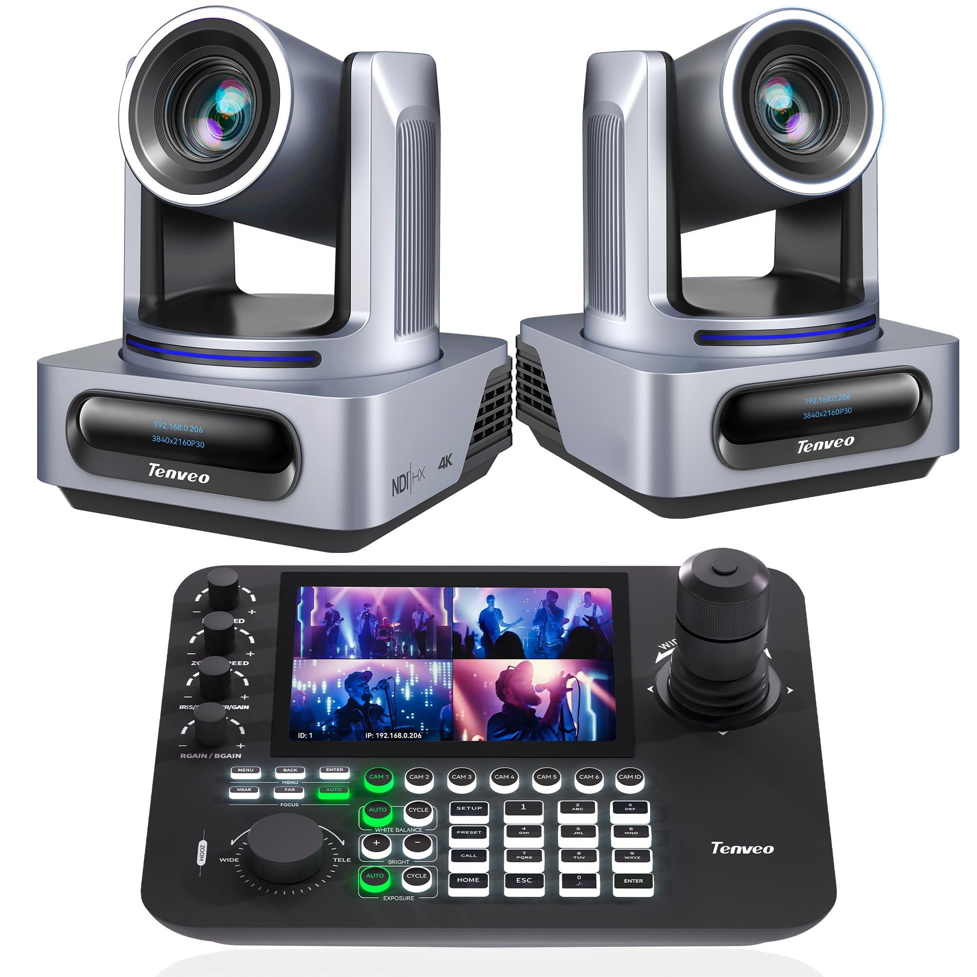 Tenveo Kit de Caméra PTZ et Contrôleur - 2 Caméras PTZ NDI 4K AI 20X Zoom, SDI/HDMI/USB3.0/LAN(PoE) et Joystick de Contrôle NDI à Écran Quad de 7” pour Streaming en Direct, Église et Événements