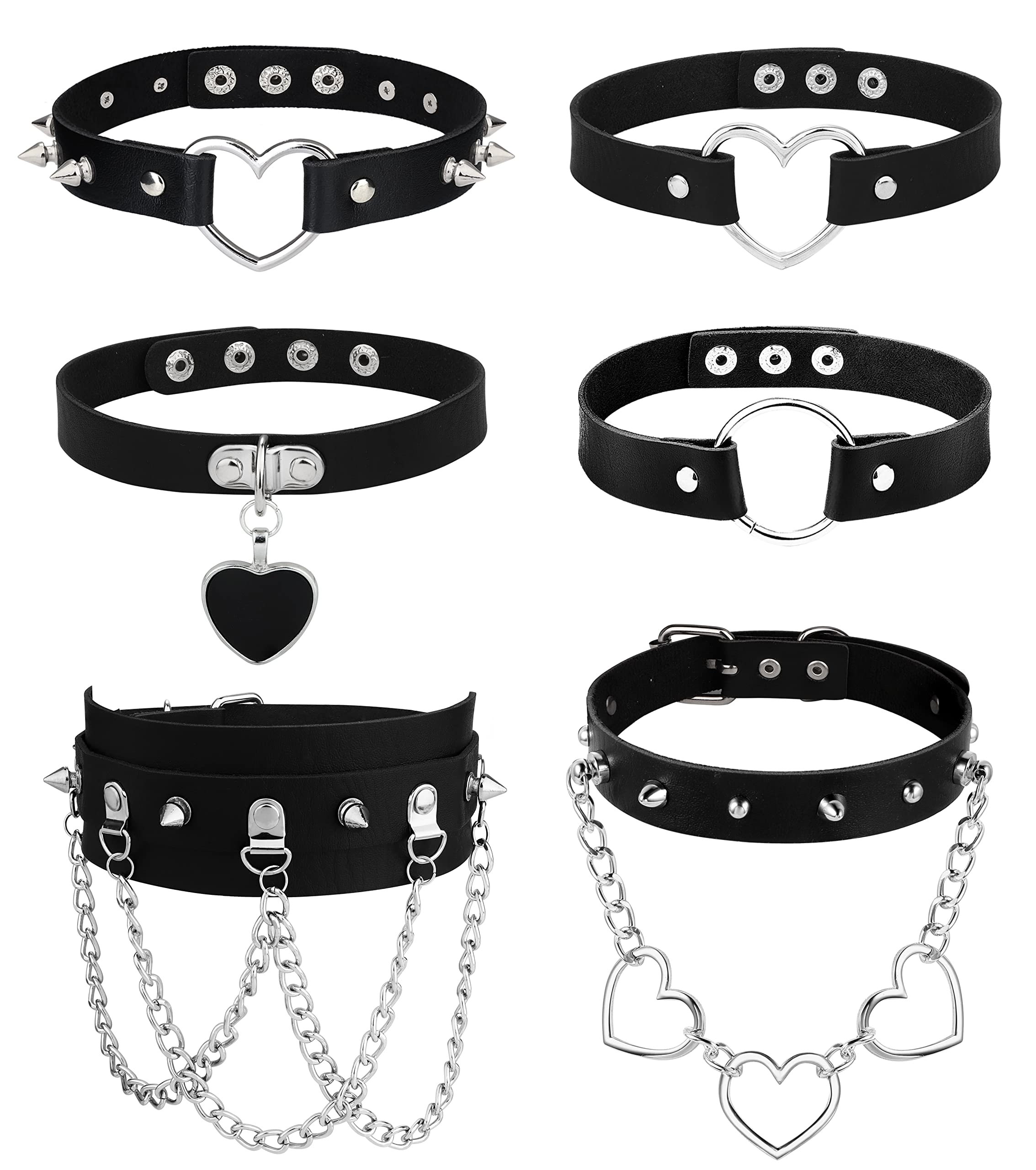 HAIAISO 6-9pcs Leather Punk Goth Choker Necklace with Love Heart Spikes, Adjustable Pu Collar for Women