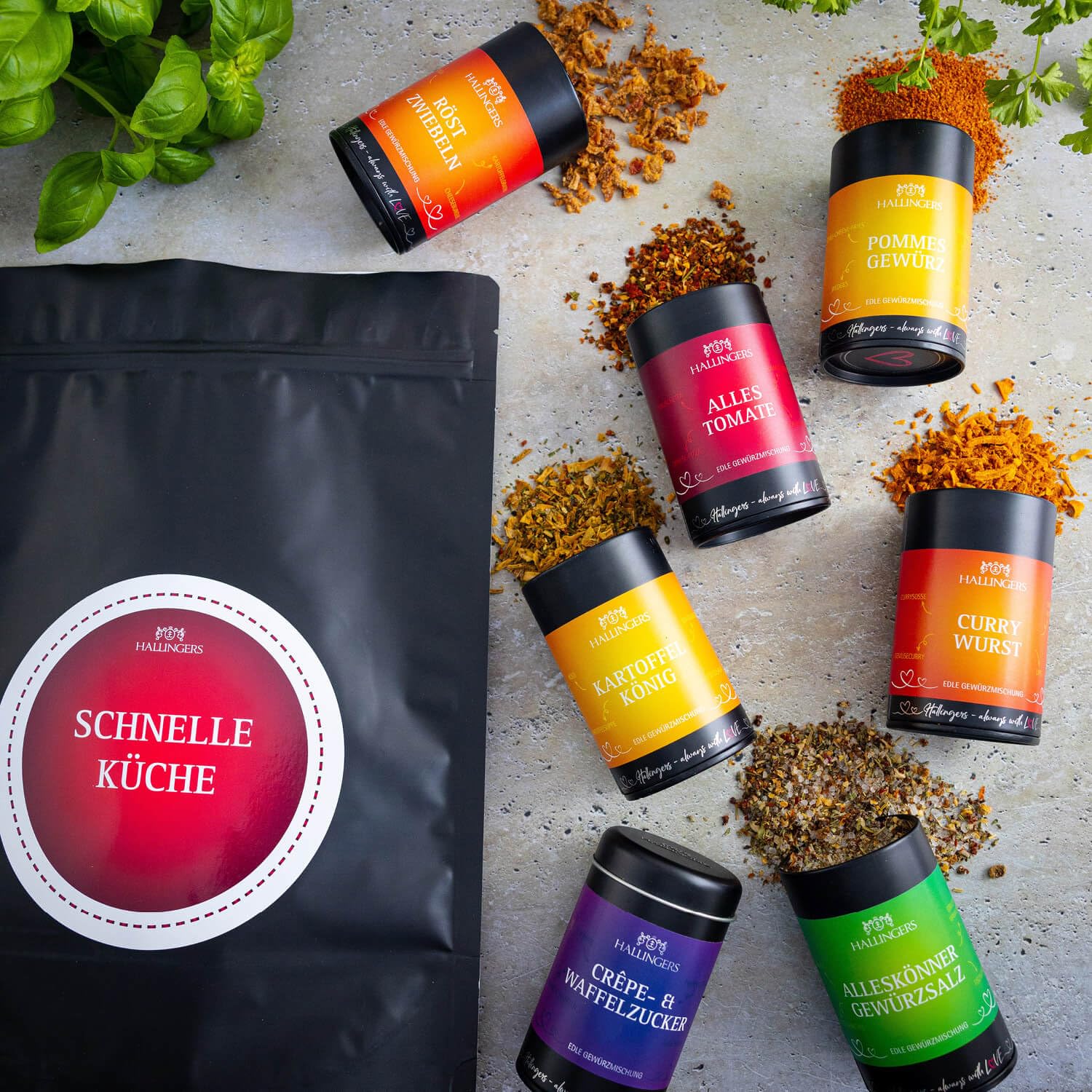 Hallingers Genuss Manufaktur Gewürz Geschenk-Set - Selektion unserer Besteller als Probierset in edlen Aromadosen & Tragetasche "Schnelle Küche", Geschenkidee für Frauen Männer