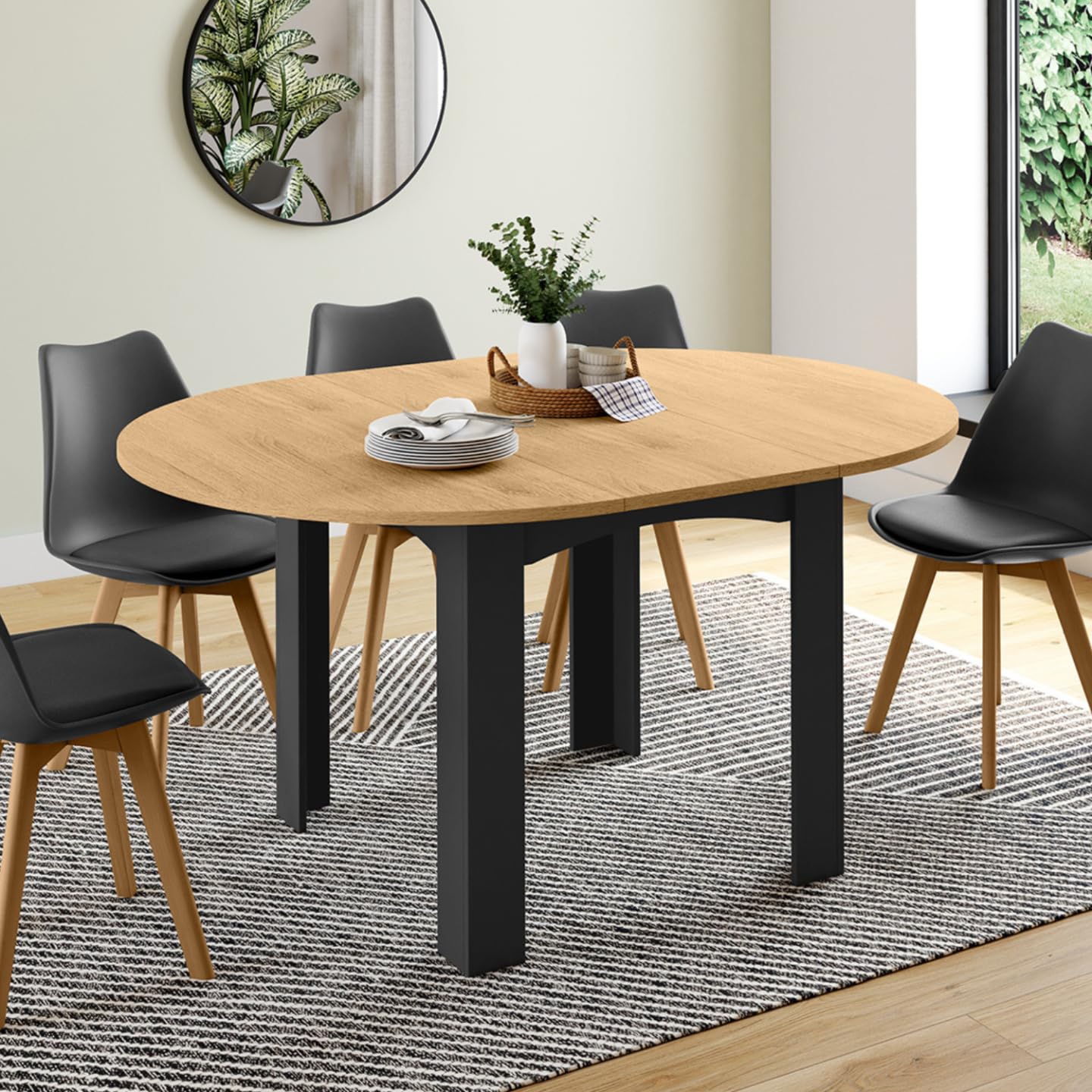 IDMarket - Table à Manger Extensible Ronde Dona 4-8 Personnes Noire Plateau façon hêtre 110-150 cm