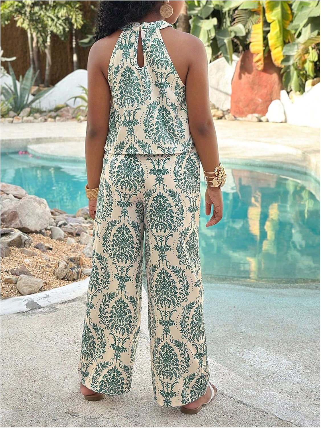 Floerns Girl's 2 Piece Outfit Vacation Sleeveless Halter Tops with Long Pants Set - Image 3