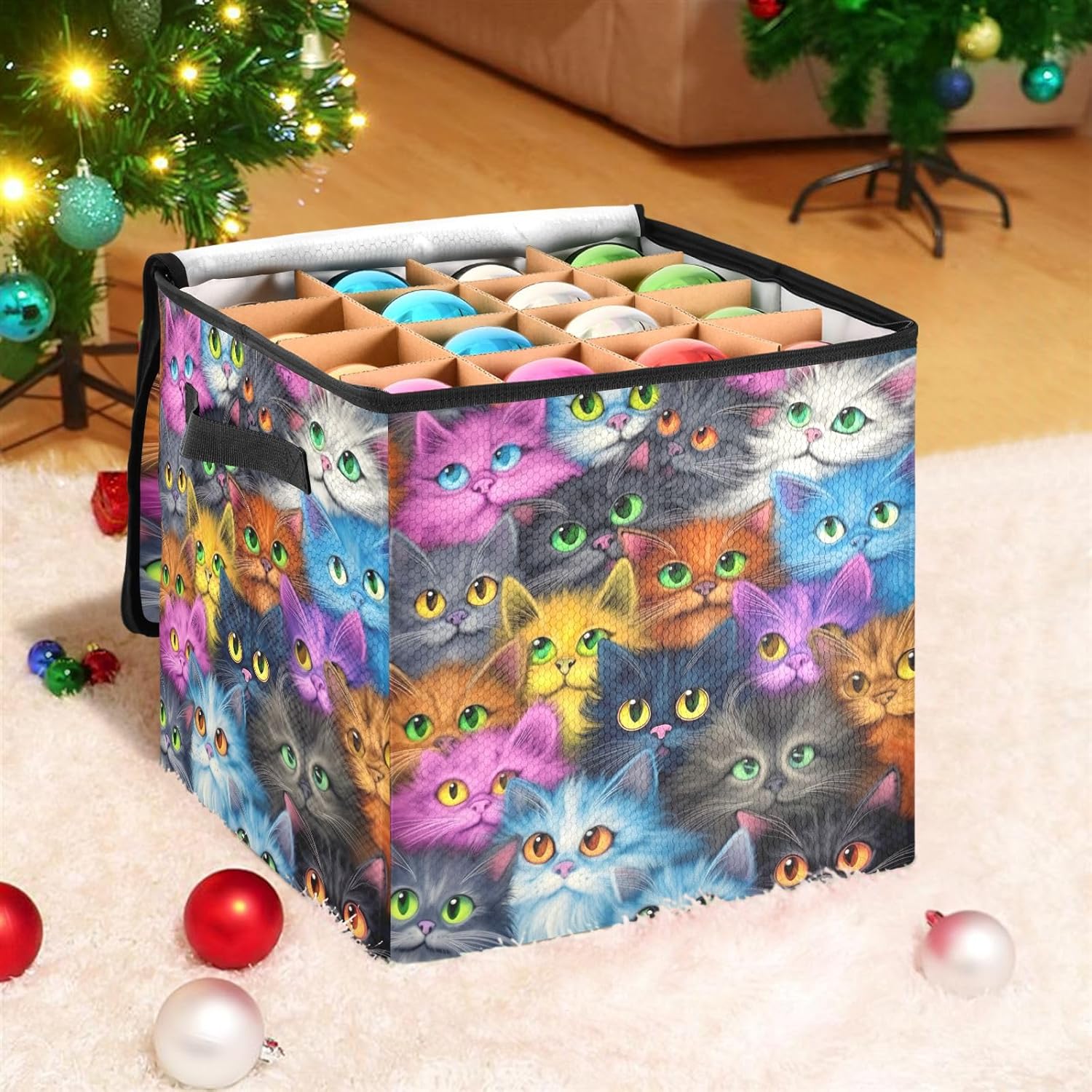 Cute Cats 13 Inch Christmas Ornament Storage Box with Lid - Holiday Decor Storage Containers, Stores 64 Ornaments, 3 Inch Cube Compartments