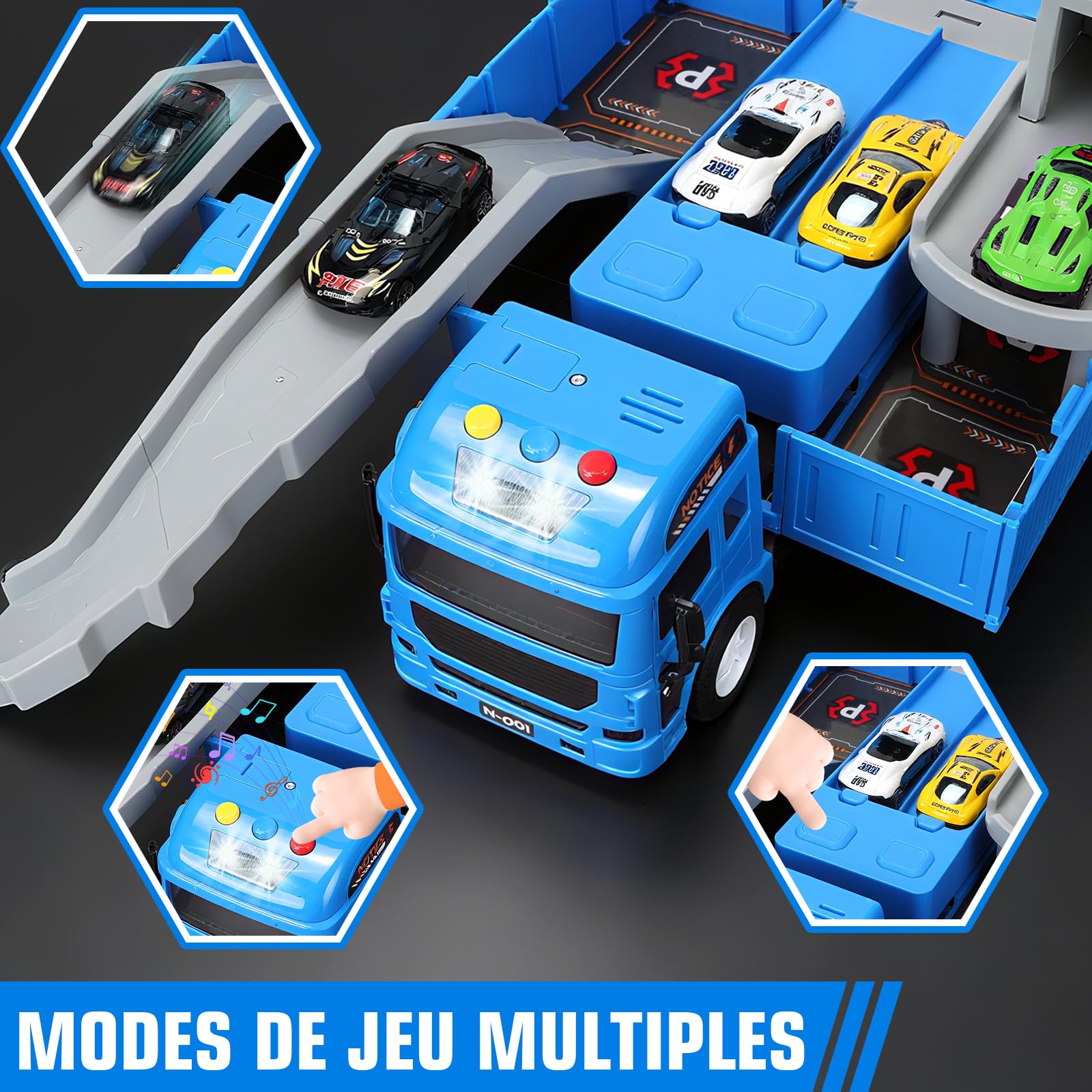 JONRRYIN Véhicule Chantier Jouet Enfants - Ensemble Camion Grue à Tour avec Piste Éjectante (Excavatrice, Rouleau Compresseur, Fourchonneuse, Bulldozer) - Sons/Lumières - Cadeau pour Garçons 3-8 Ans