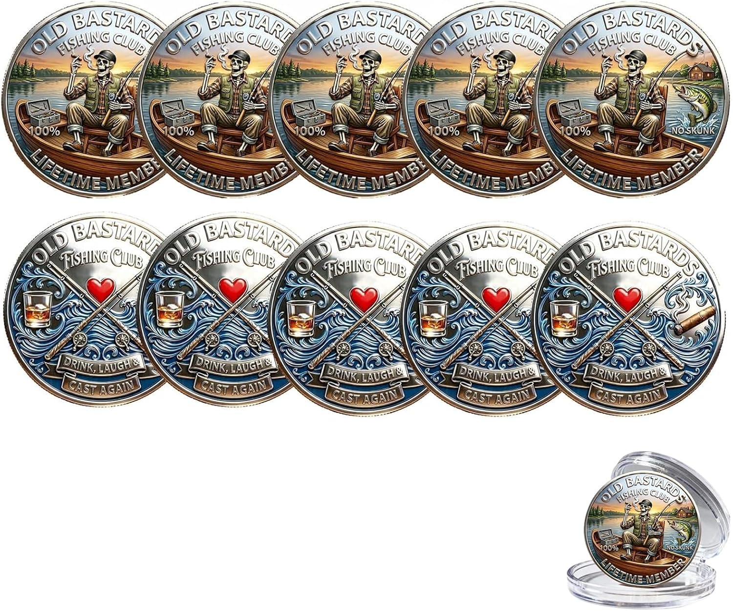 The Eternal Fishermans Challenge Coin, Old Bastards Fishing Club Collectible Coin, Drink Laugh & Cast Again Gift for Anglers, Fishermen, Retirees (10PCS)